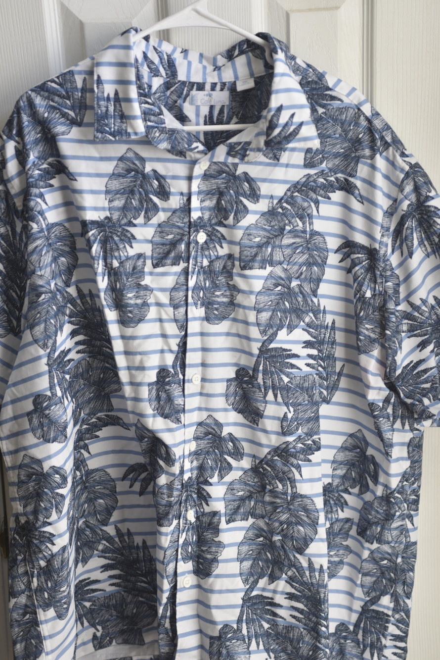 Café Luna Button Front Hawaiian Shirt Blue White Striped Leaf Print 2XL LSC167
